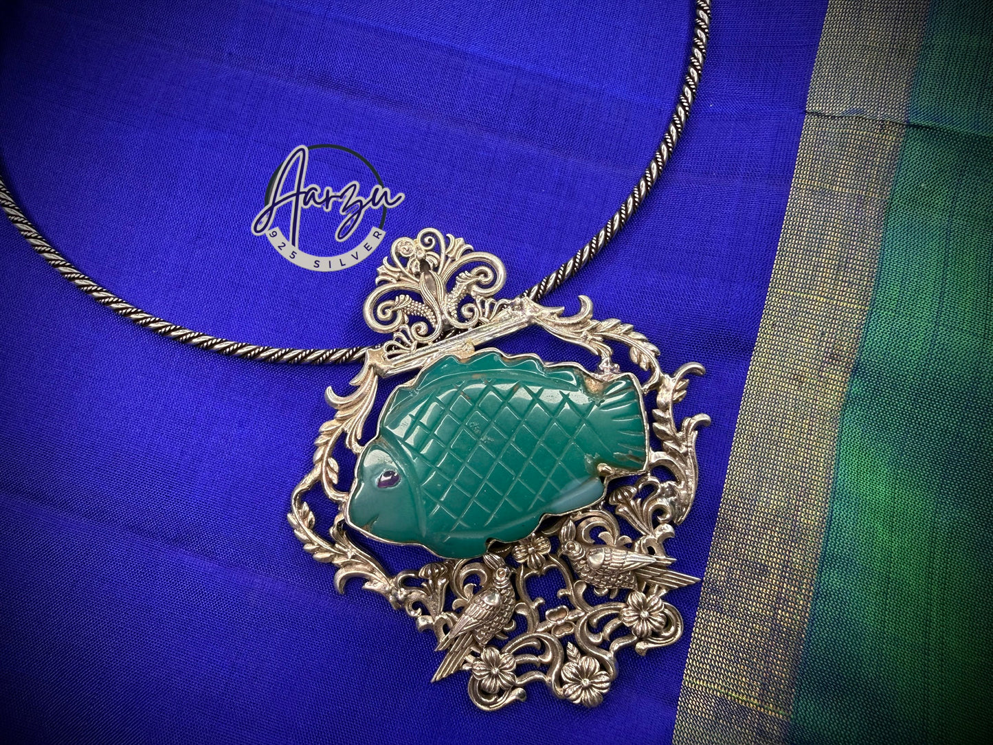 92.5 Silver carved precious stone Pendant - 38 gm