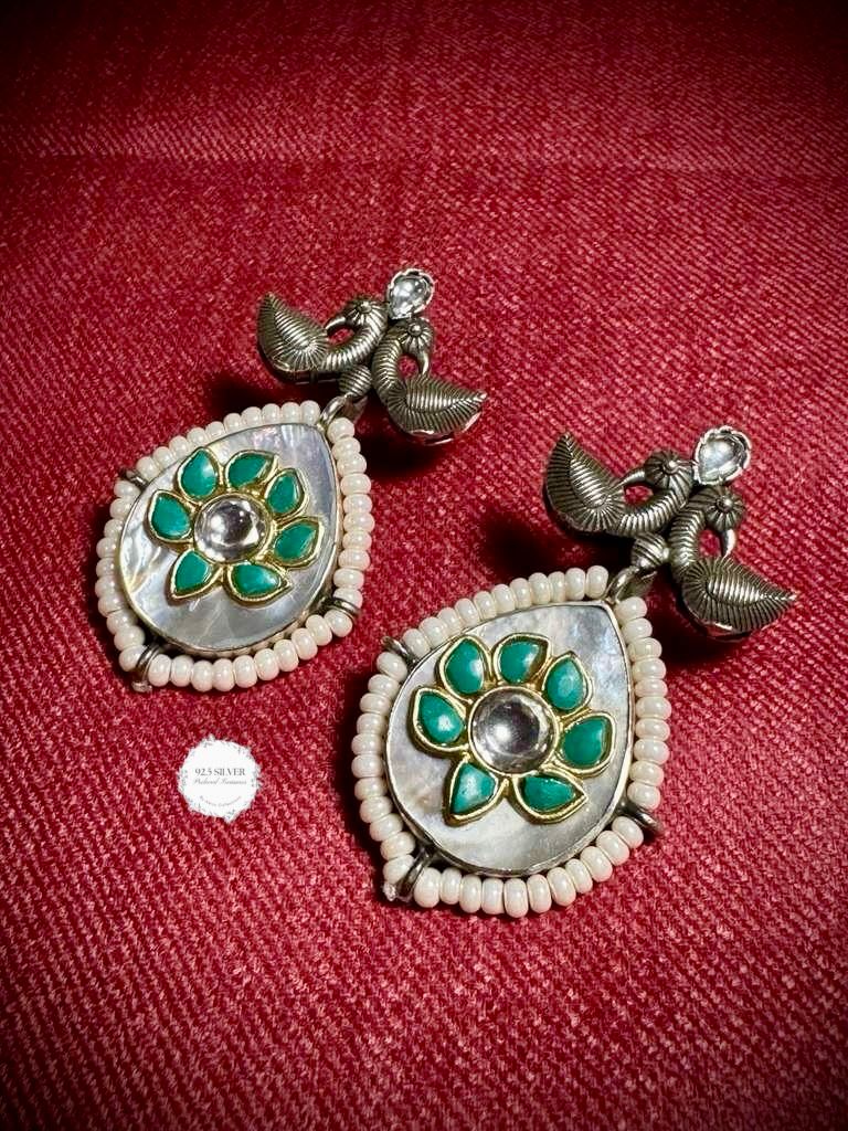92.5 Silver MOP with Turquoise and kundan inlay earrings from preloved collection
