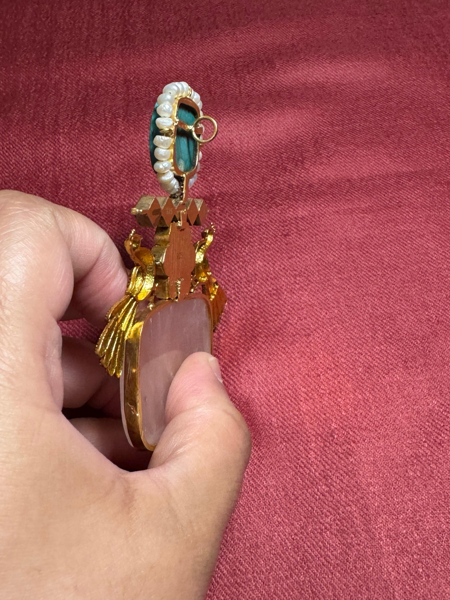 92.5 silver Rose quartz, turquoise and kundan fusion pendant from preloved collection