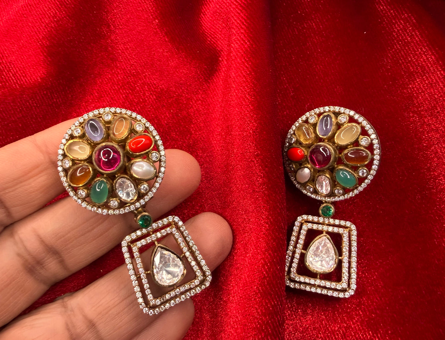 92.5 Silver Moissanite navrathan Earrings - 26 gm