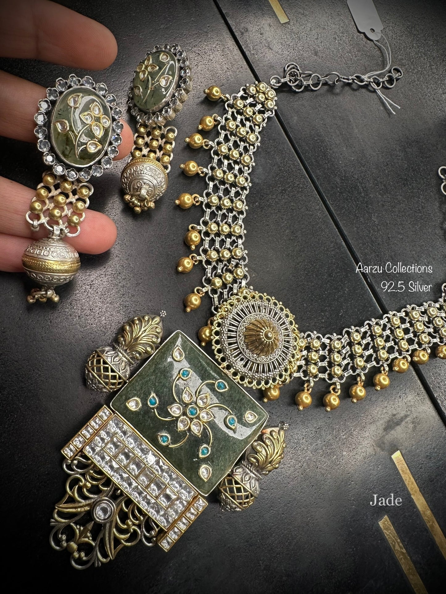 92.5 Silver fusion necklace set with precious Jade inlay