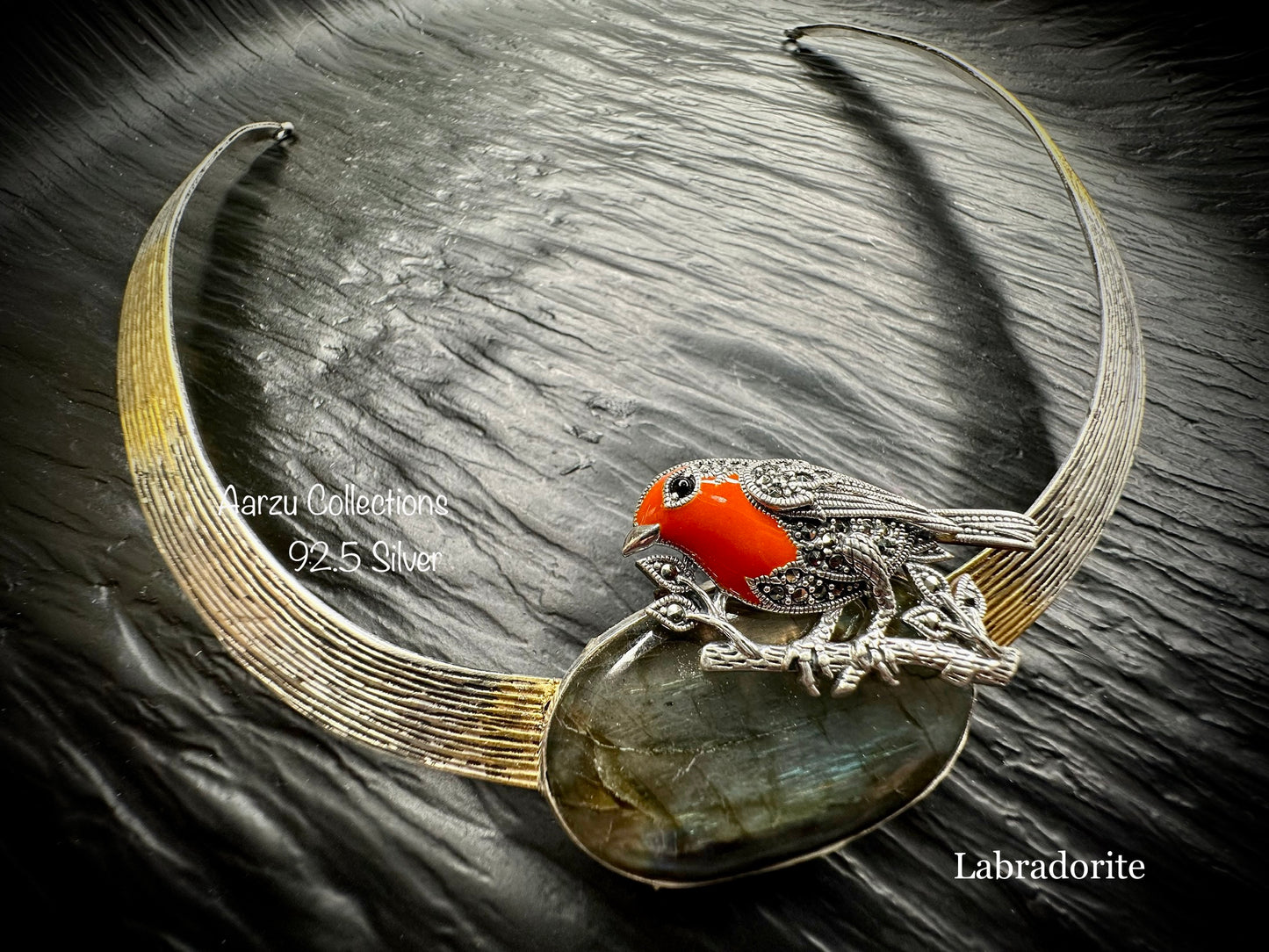 92.5 Silver fusion hasli with labrodoriate, coral and Marcasite details