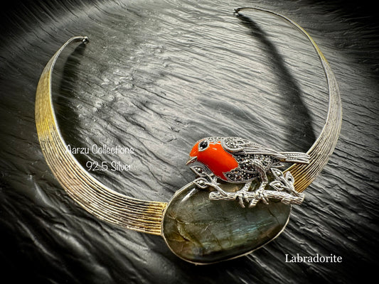 92.5 Silver fusion hasli with labrodoriate, coral and Marcasite details