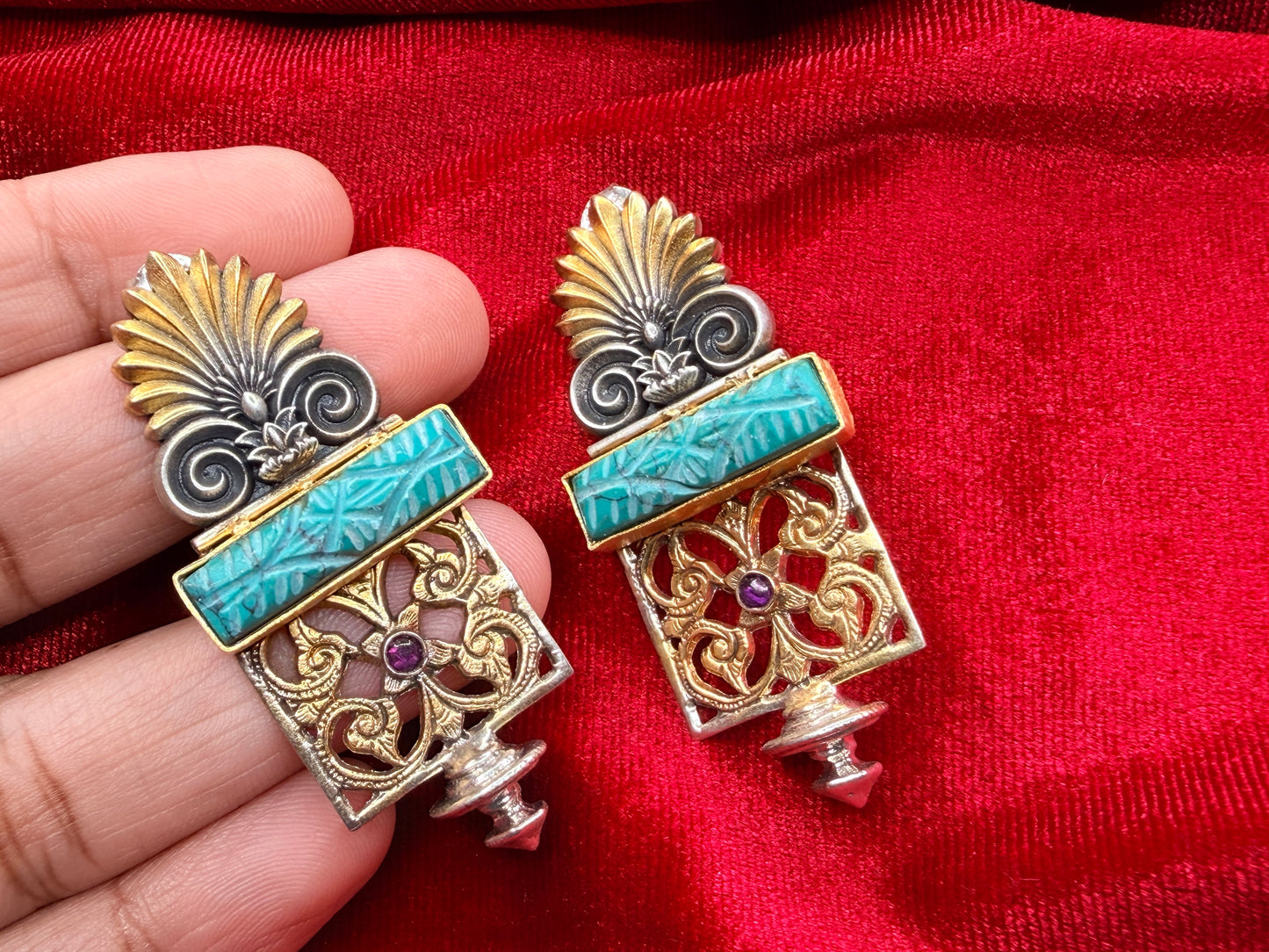92.5 Silver dual tone earrings with carved turquoise - 25 gm