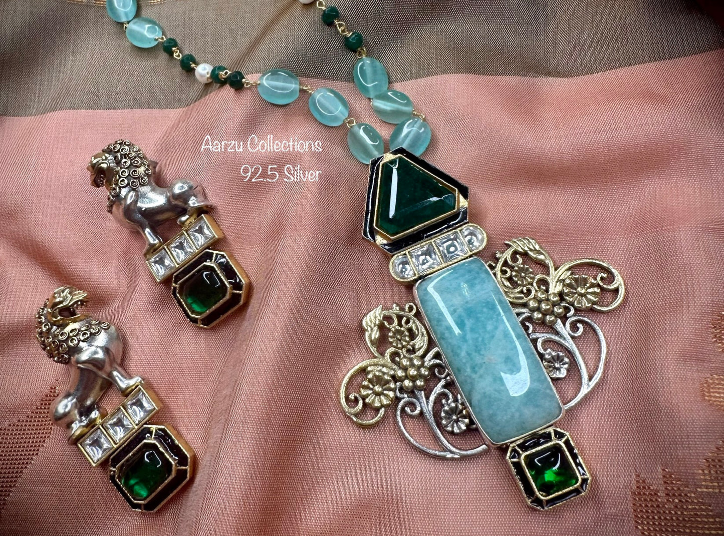 92.5 Silver Amazonite and green doublet fusion pendant and earrings