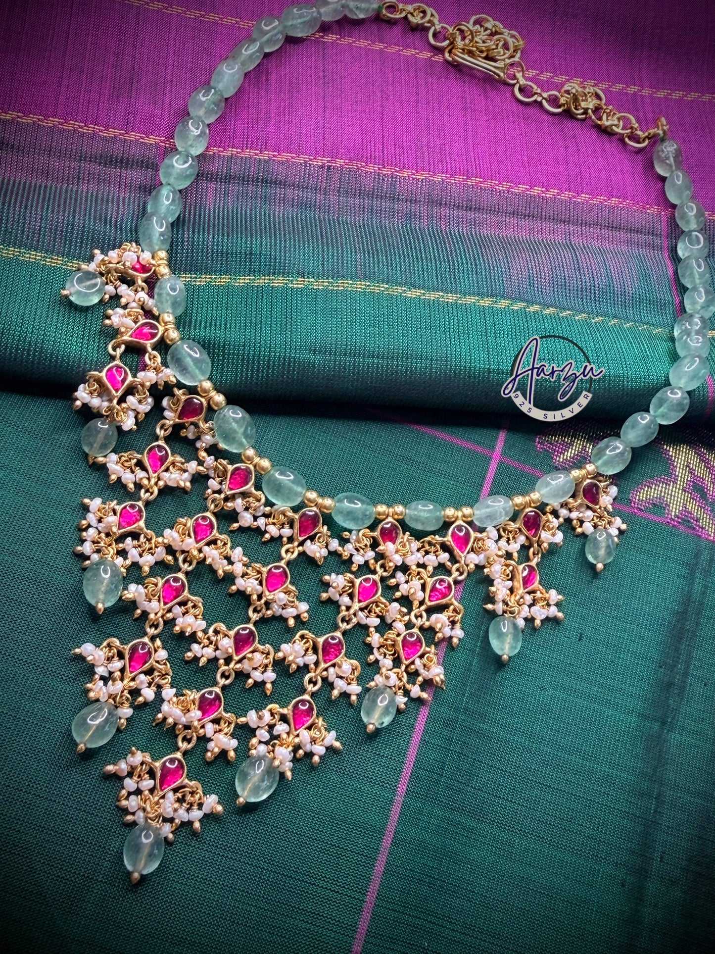 92.5 Silver precious bead and kundan necklace