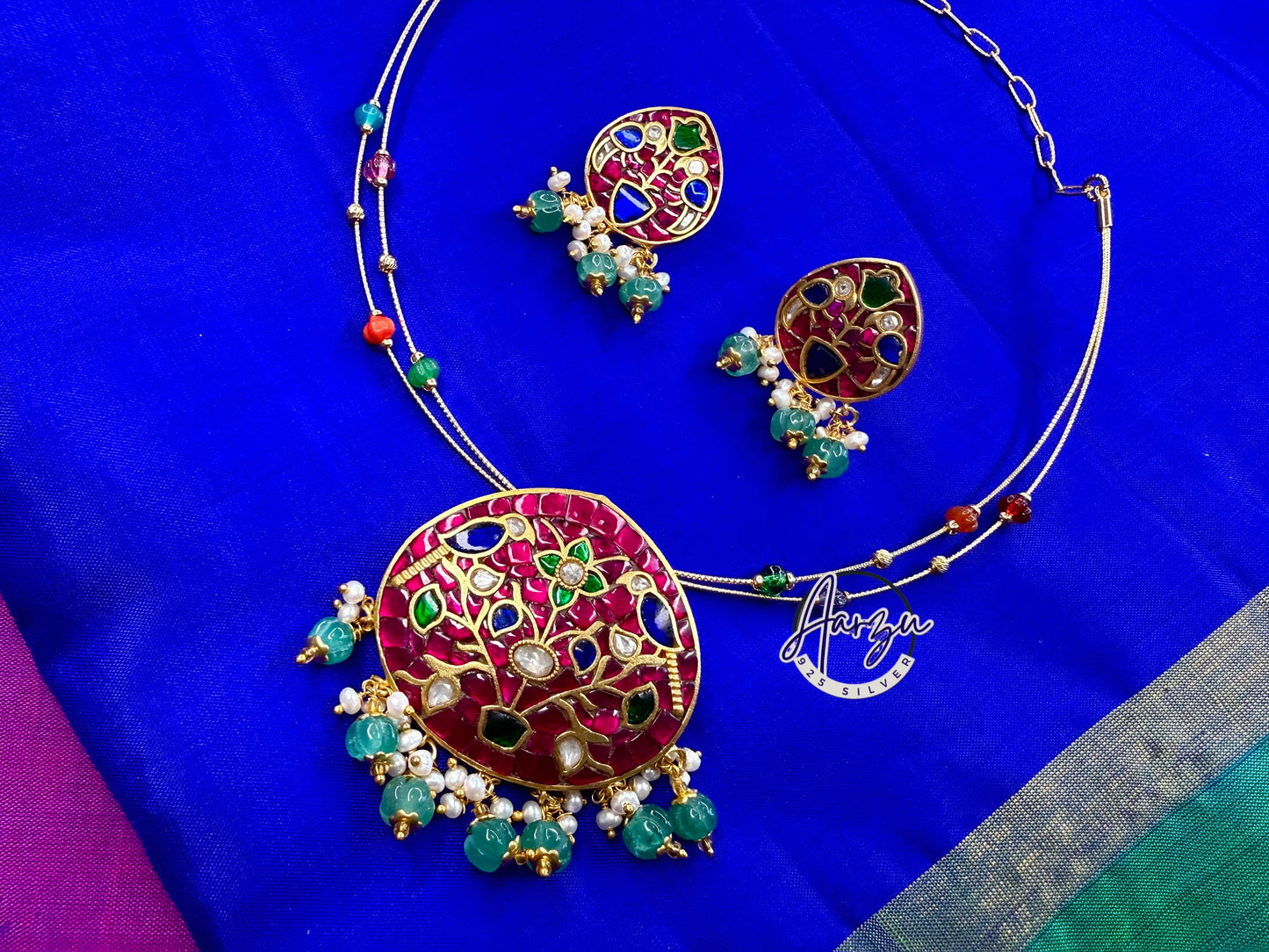 92.5 Silver kundan Pendant with earrings 51.5 gm