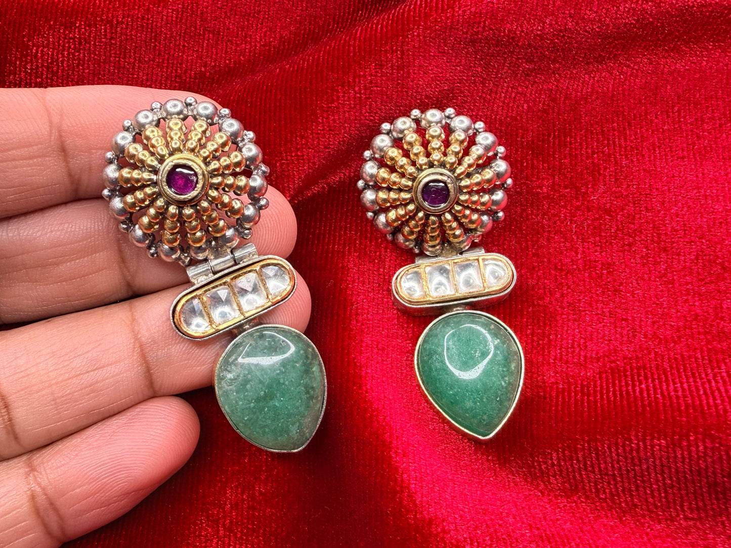 92.5 Silver dual tone earrings with precious jade - 23.5 gm
