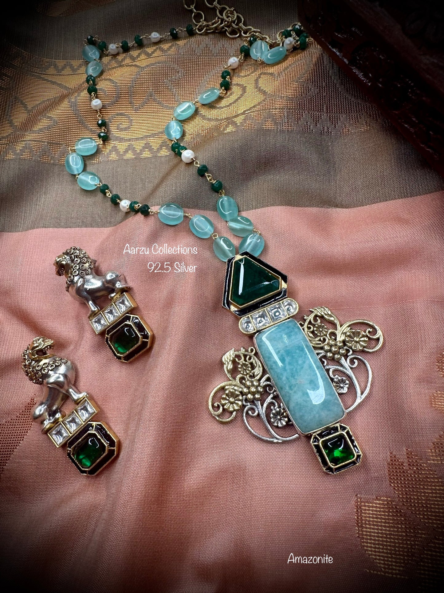 92.5 Silver Amazonite and green doublet fusion pendant and earrings