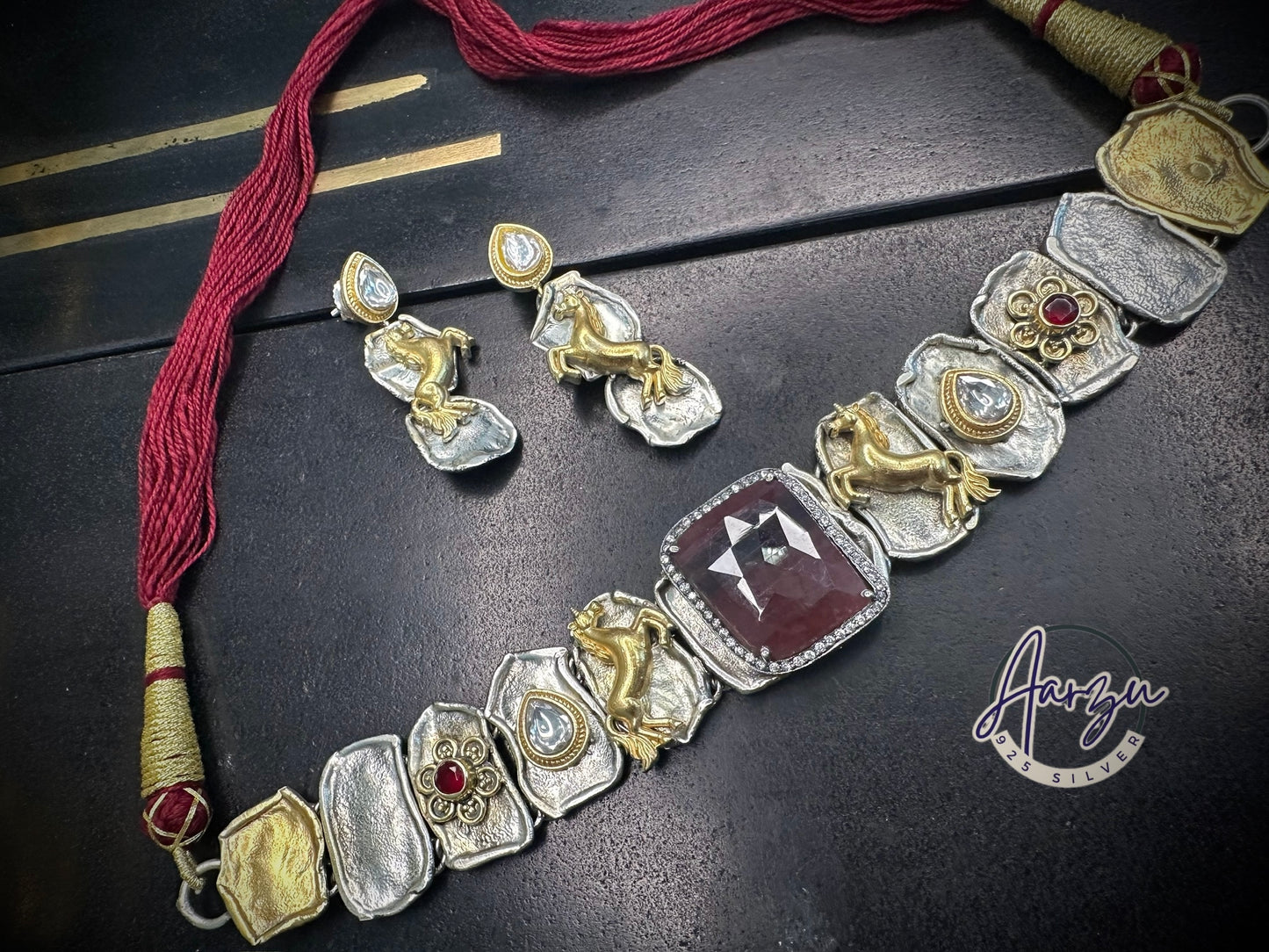 92.5 Silver natural Sapphire choker with earrings