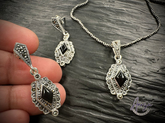 92.5 Silver Marcasite pendant set - Black Onyx