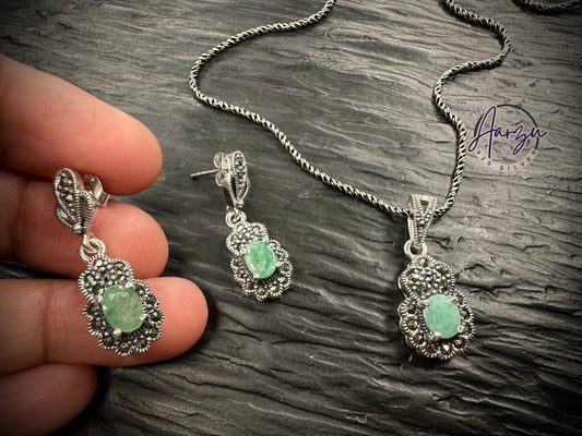 92.5 Silver Marcasite pendant set - Emerald