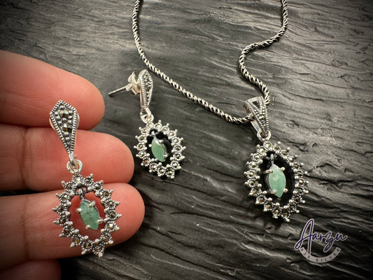 92.5 Silver Marcasite pendant set - Emerald