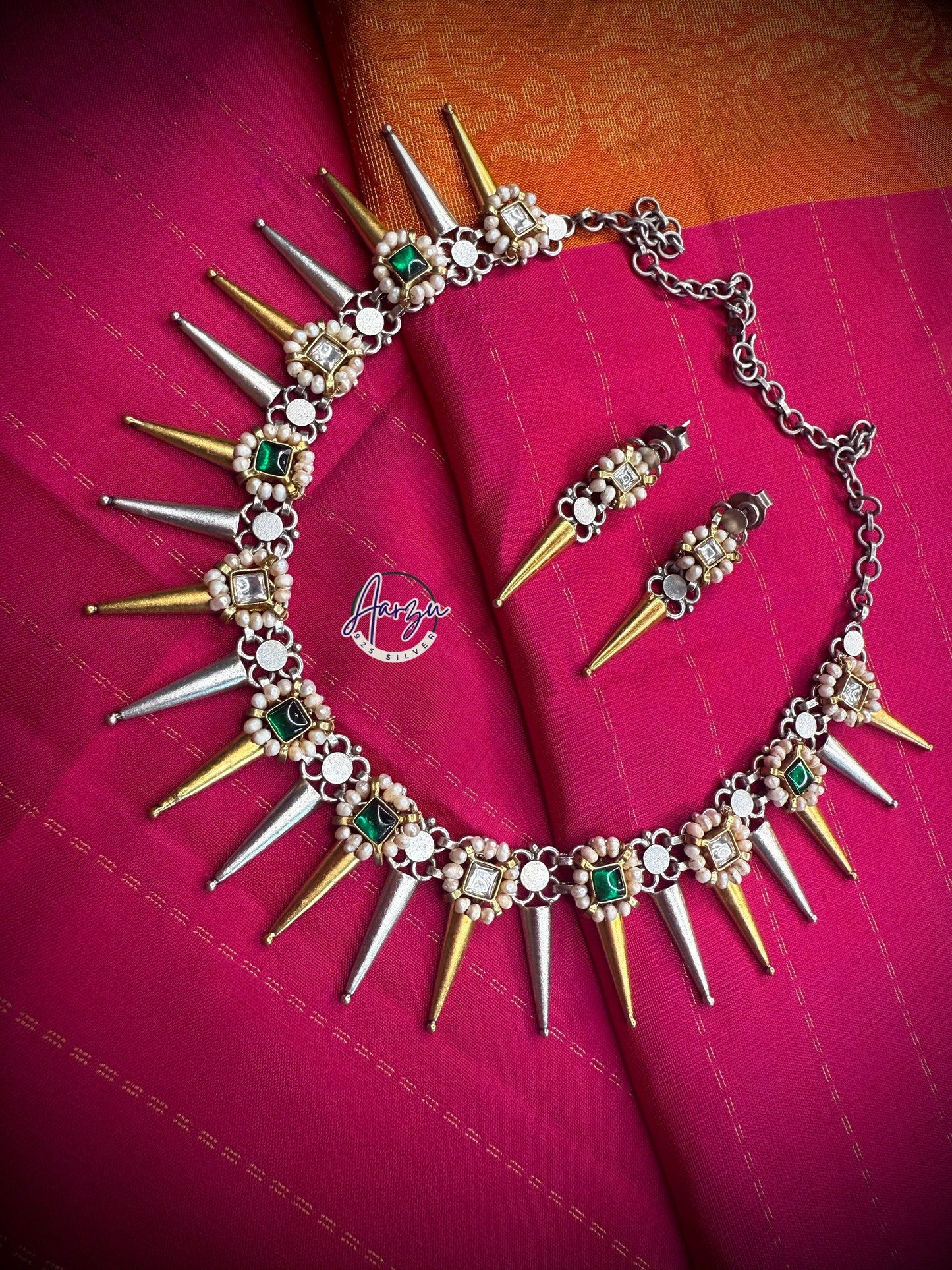 92.5 Silver base designer dual tone spike necklace with earrings