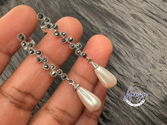 92.5 Silver Marcasite pearl drop Earrings