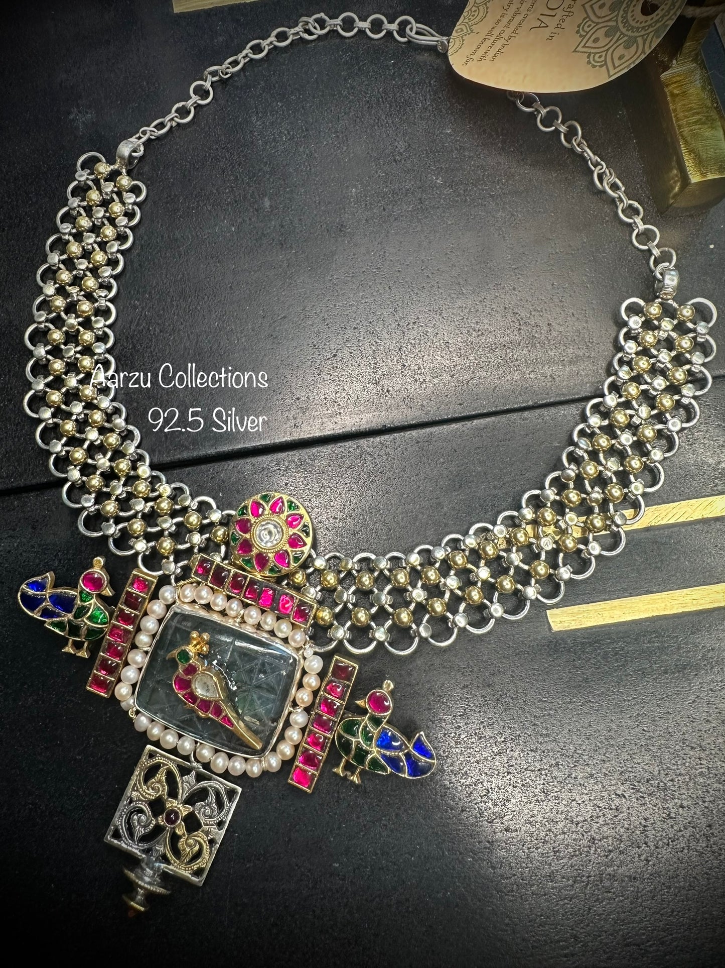 92.5 Silver base precious carved stone dual tone necklace