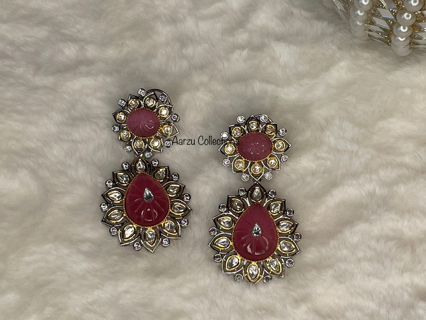 Carved Stone, Kundan and American Diamond Statement Earrings