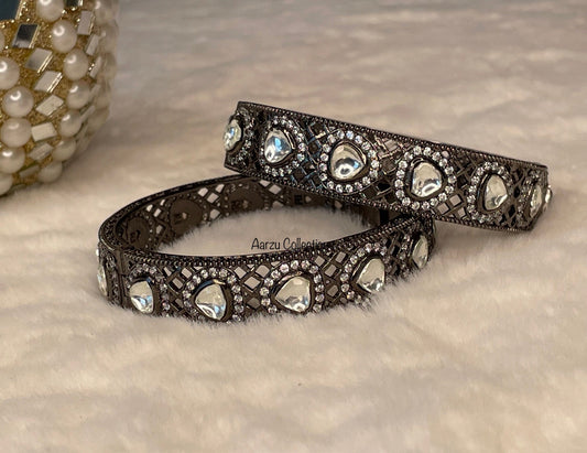 Kundan and AD Openable Bangles with Rodium Finish