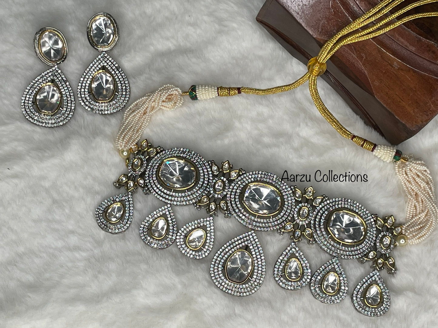 Silver Foil Kundan and American Diamond Statement Choker with Earring