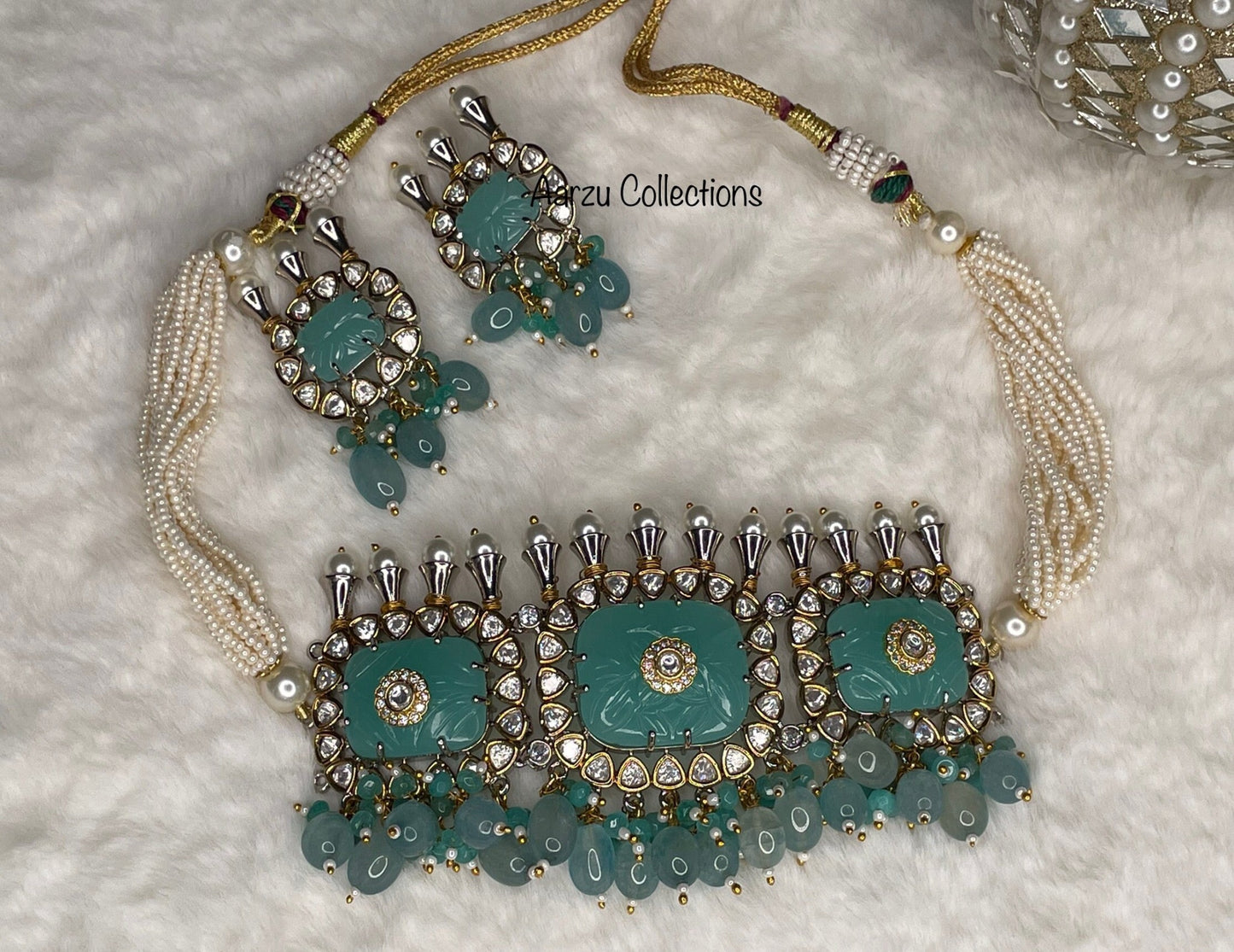 Silver Foil Kundan with Carved Stone Choker and Earrings