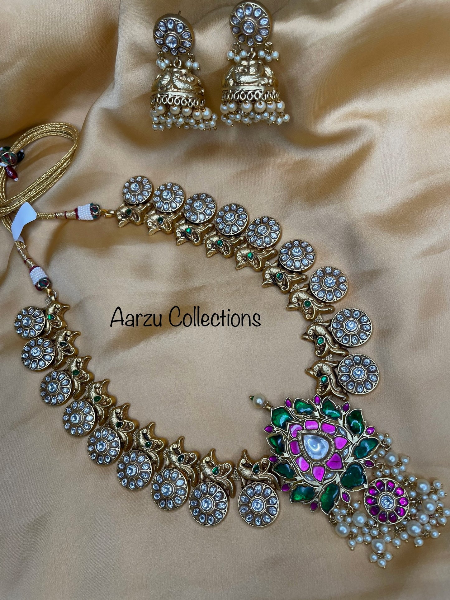 Kundan Jadau Lotus Mid Length Mala and Earrings
