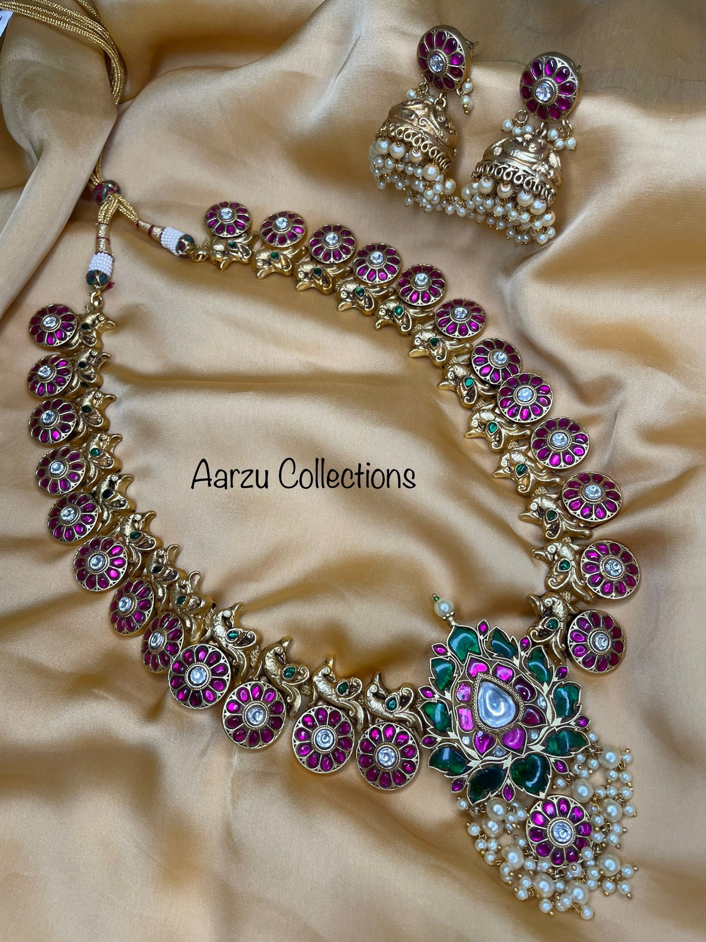 Kundan Jadau Lotus Long Mala and Earrings