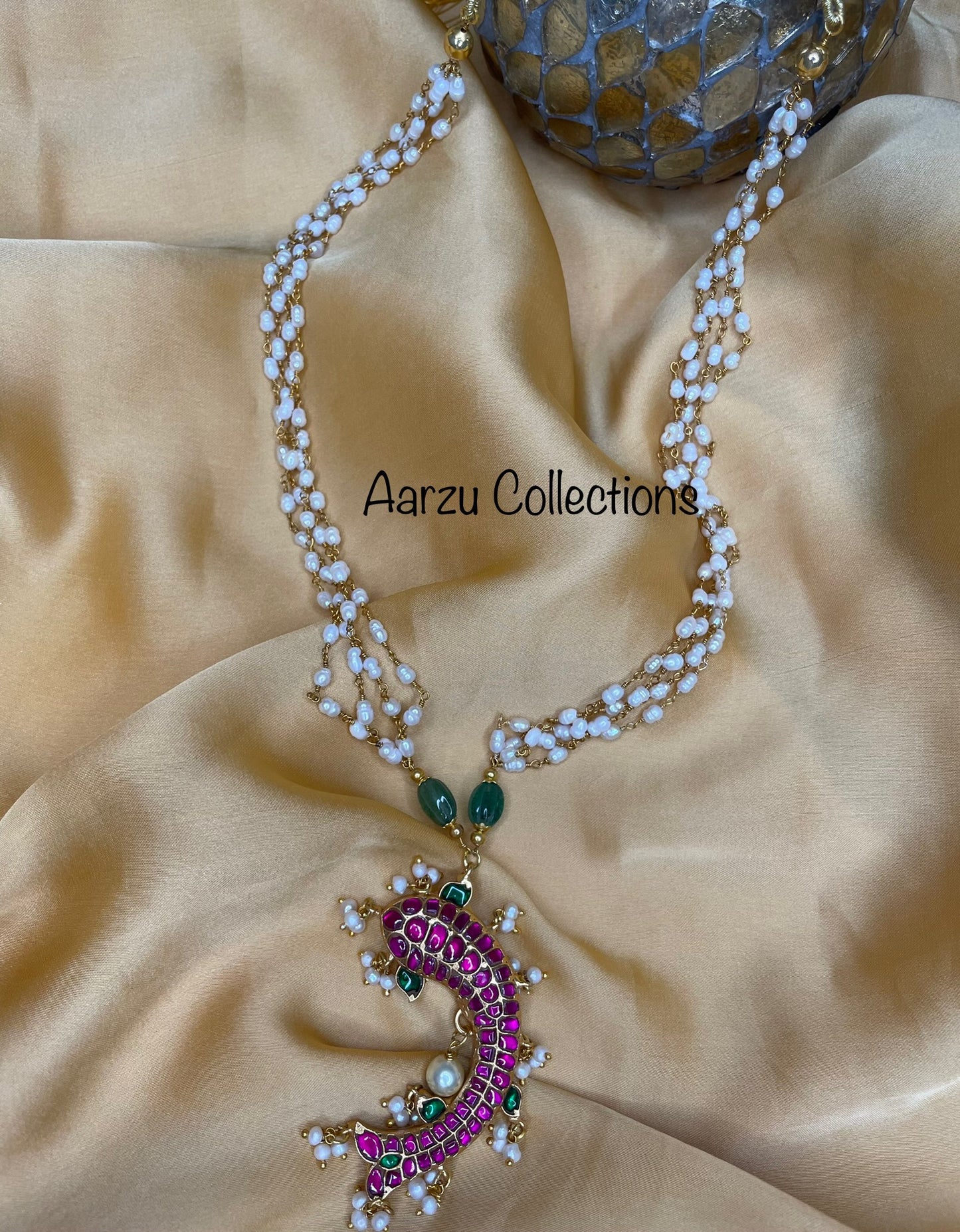 Kundan Jadau Fish Pendant with mid length Pearl Necklace