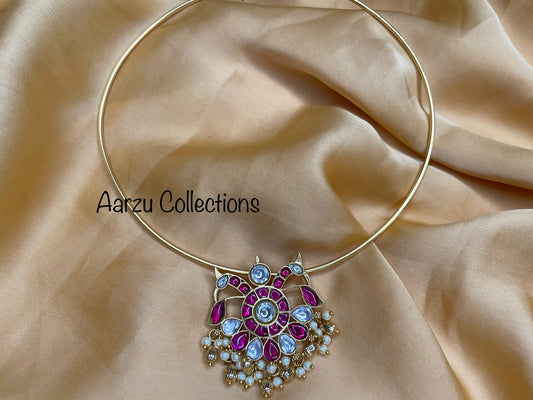 Kundan Jadau Peacock Hasli - Pink and White