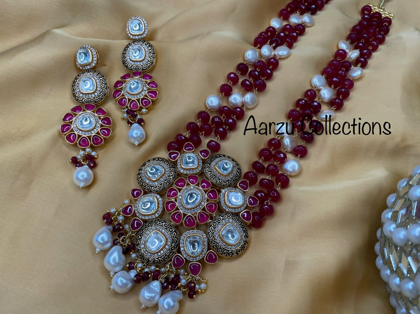 Marudhara Polki Kundan and AD Glass Beads Necklace with Earrings