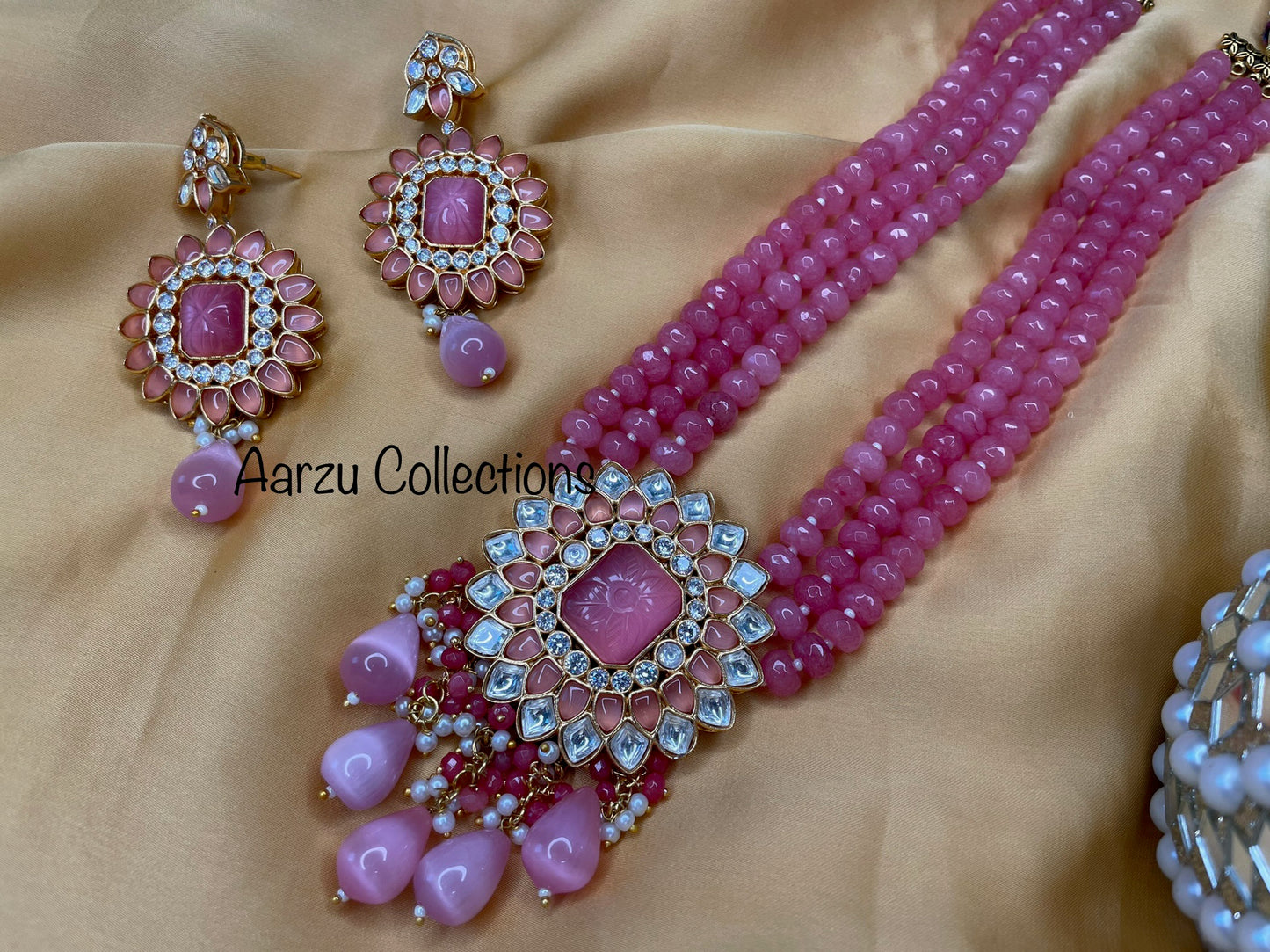 Marudhara Polki Kundan Mala with real glass beads and Carved Stone with Earrings