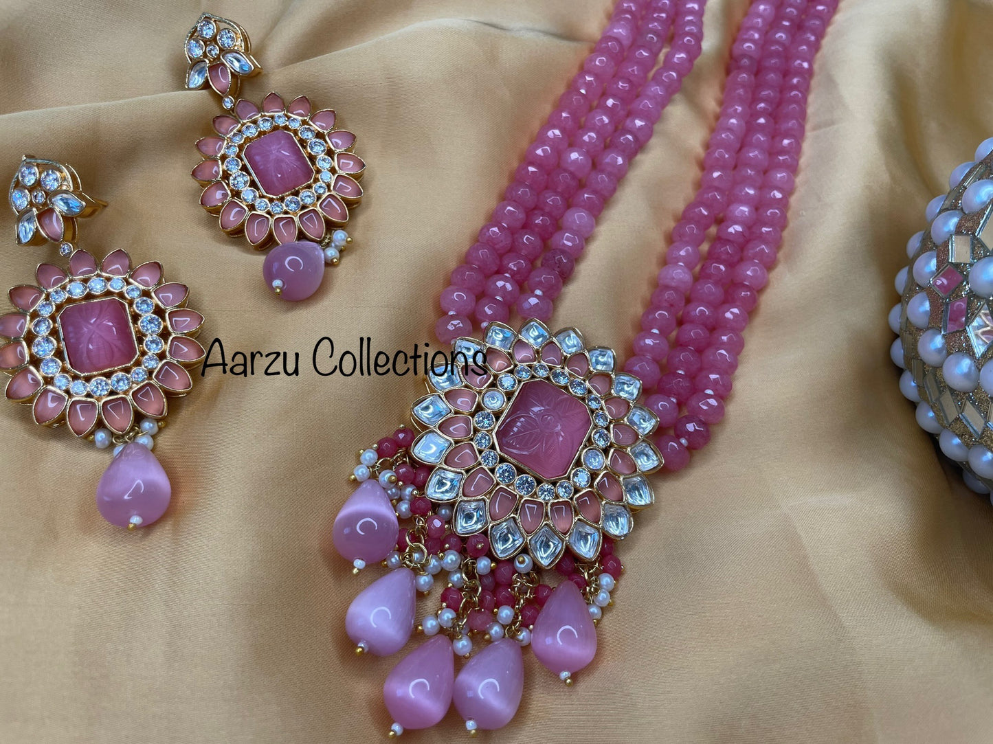 Marudhara Polki Kundan Mala with real glass beads and Carved Stone with Earrings