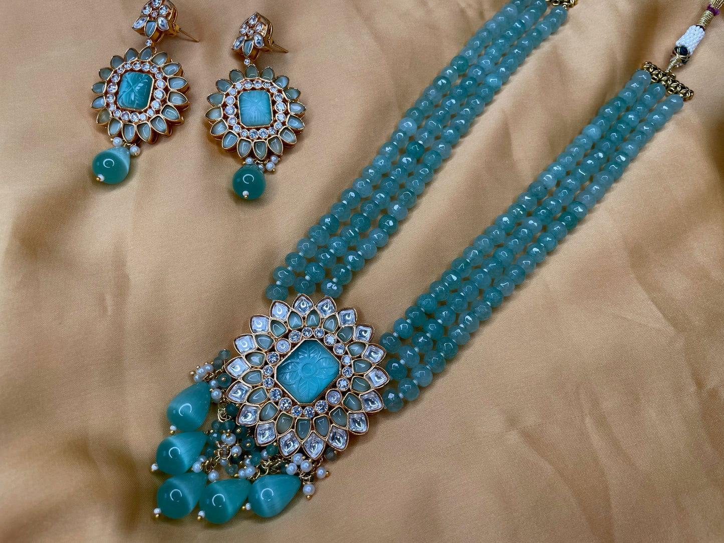 Marudhara Polki Kundan Mala with real glass beads and Carved Stone with Earrings