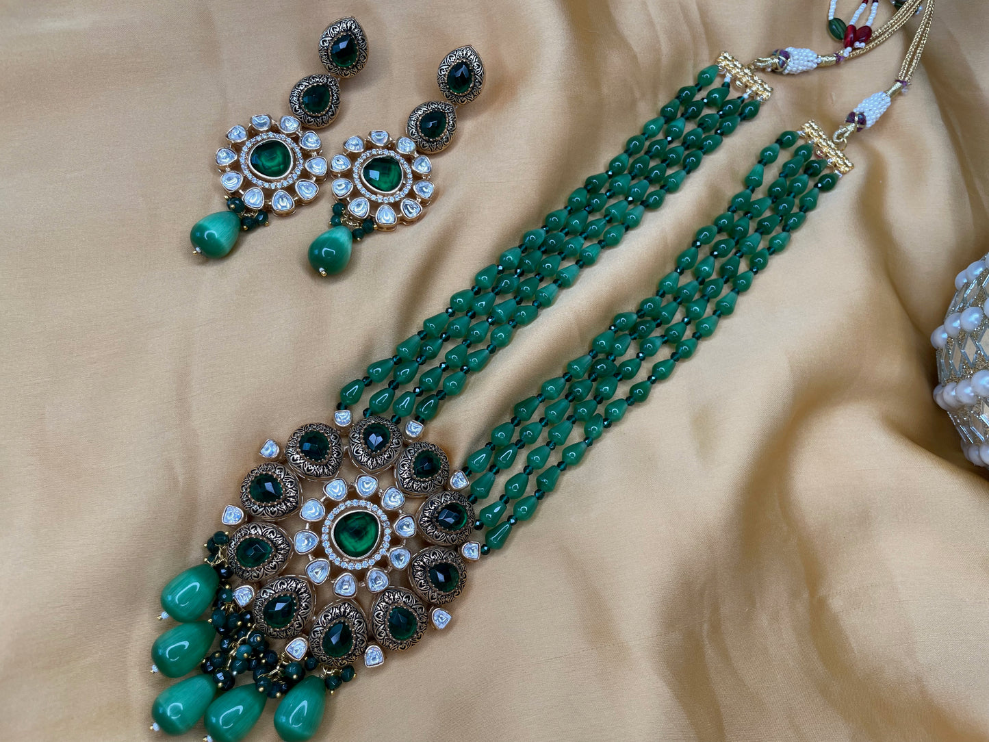 Marudhara Polki Kundan with Real Glass Beads Mala with Earrings