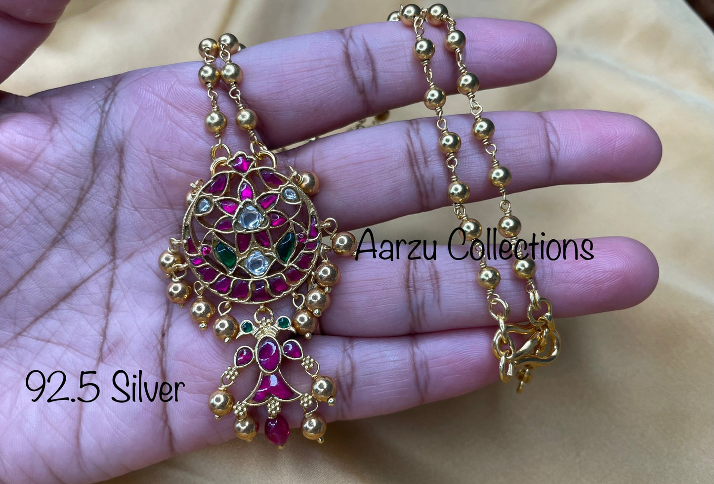 92.5 Silver Kundan Jadau pendant with gold chain - 36 gms