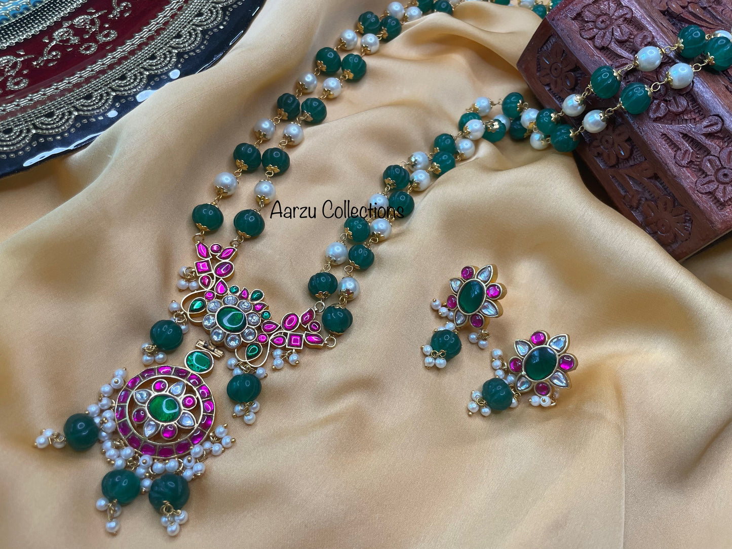 Jadau Kundan Pumpkin Bead Mala and Earrings Set