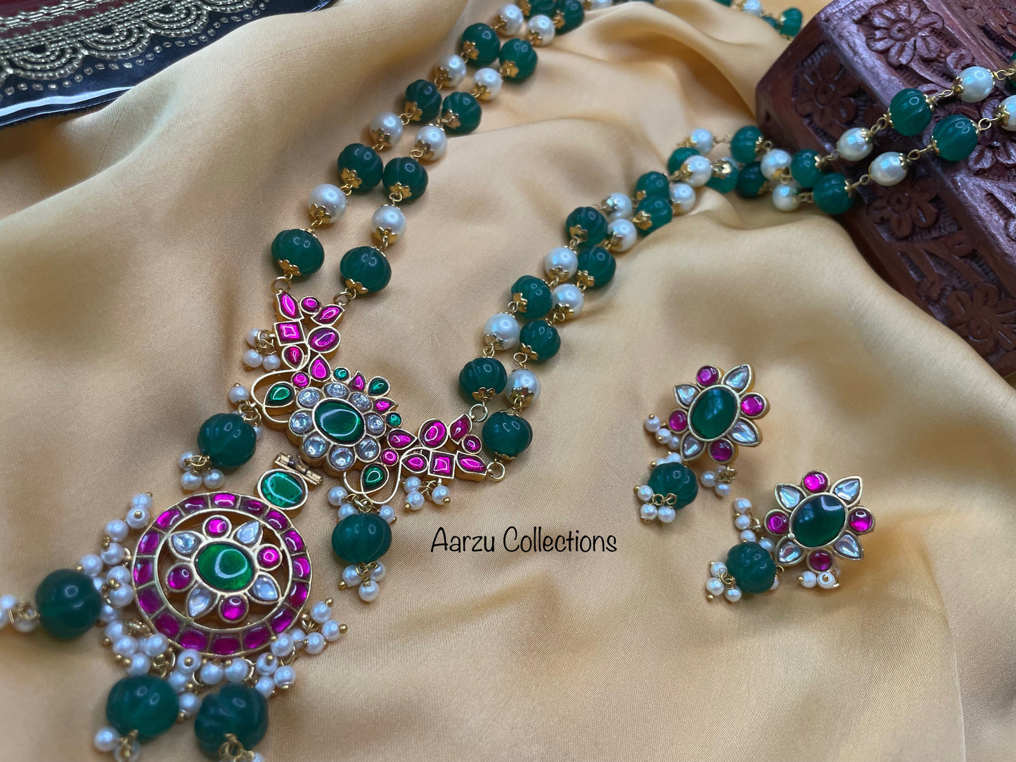 Jadau Kundan Pumpkin Bead Mala and Earrings Set