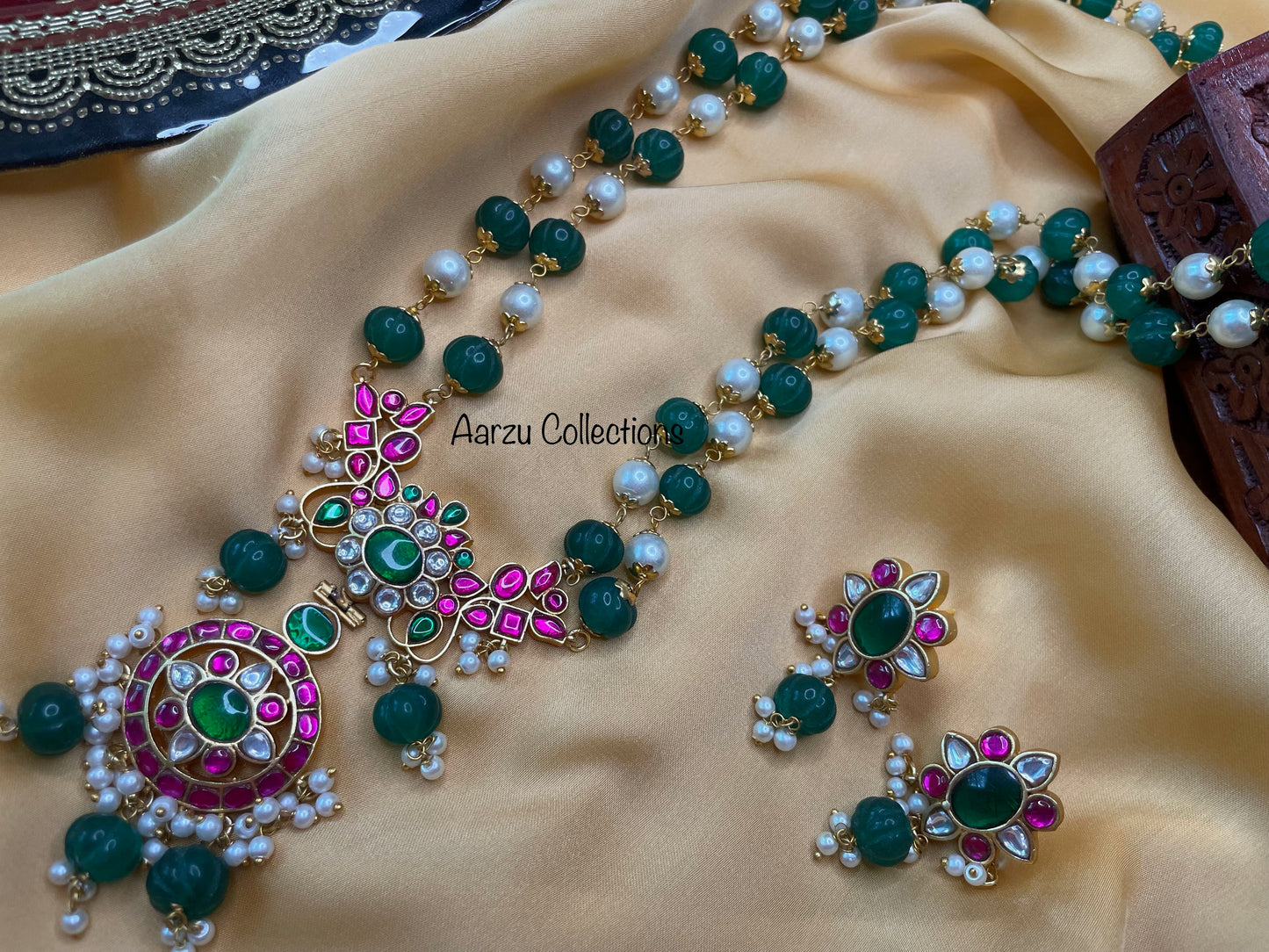 Jadau Kundan Pumpkin Bead Mala and Earrings Set