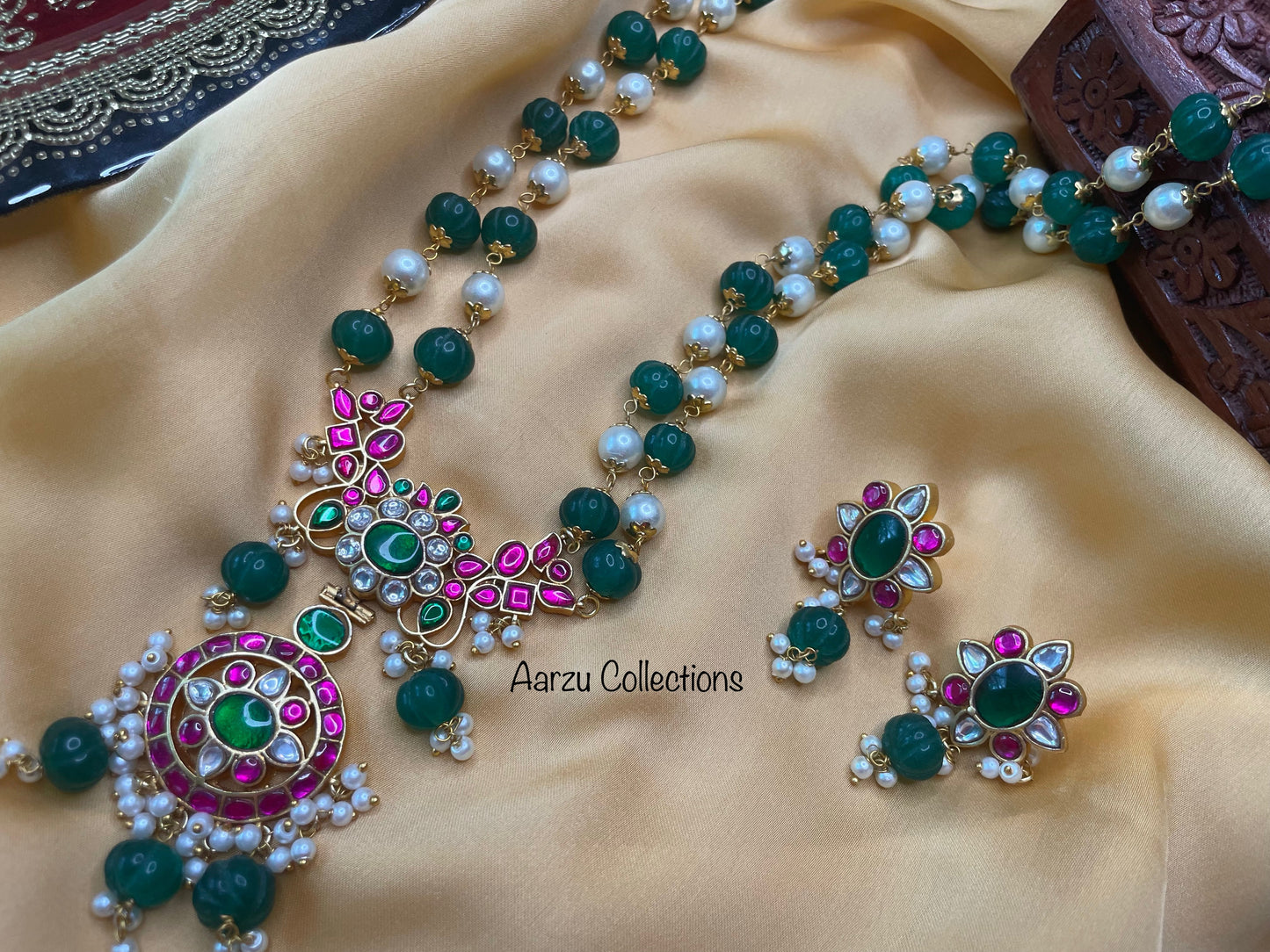 Jadau Kundan Pumpkin Bead Mala and Earrings Set