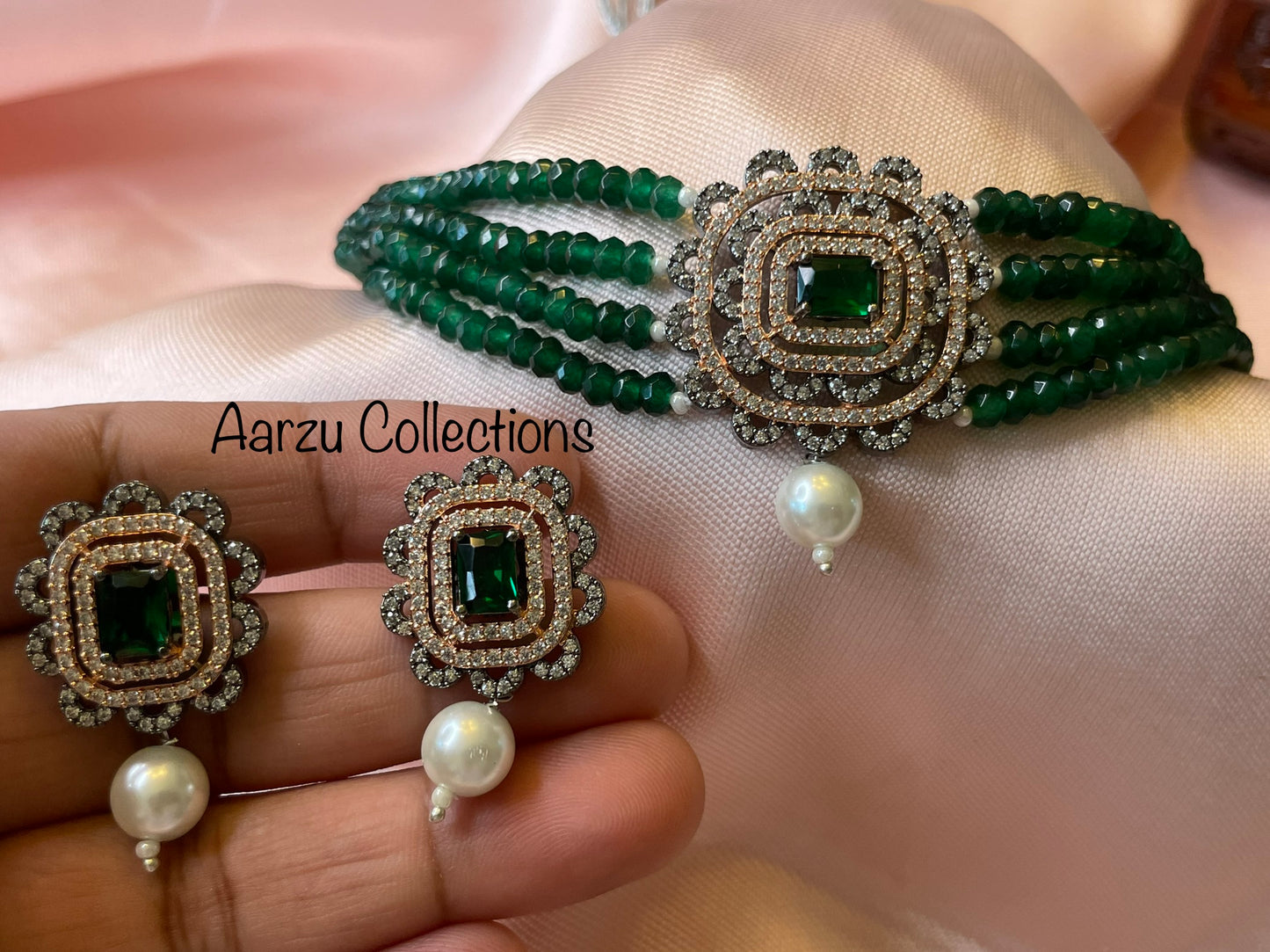 Checkered cut American Diamond Choker Set