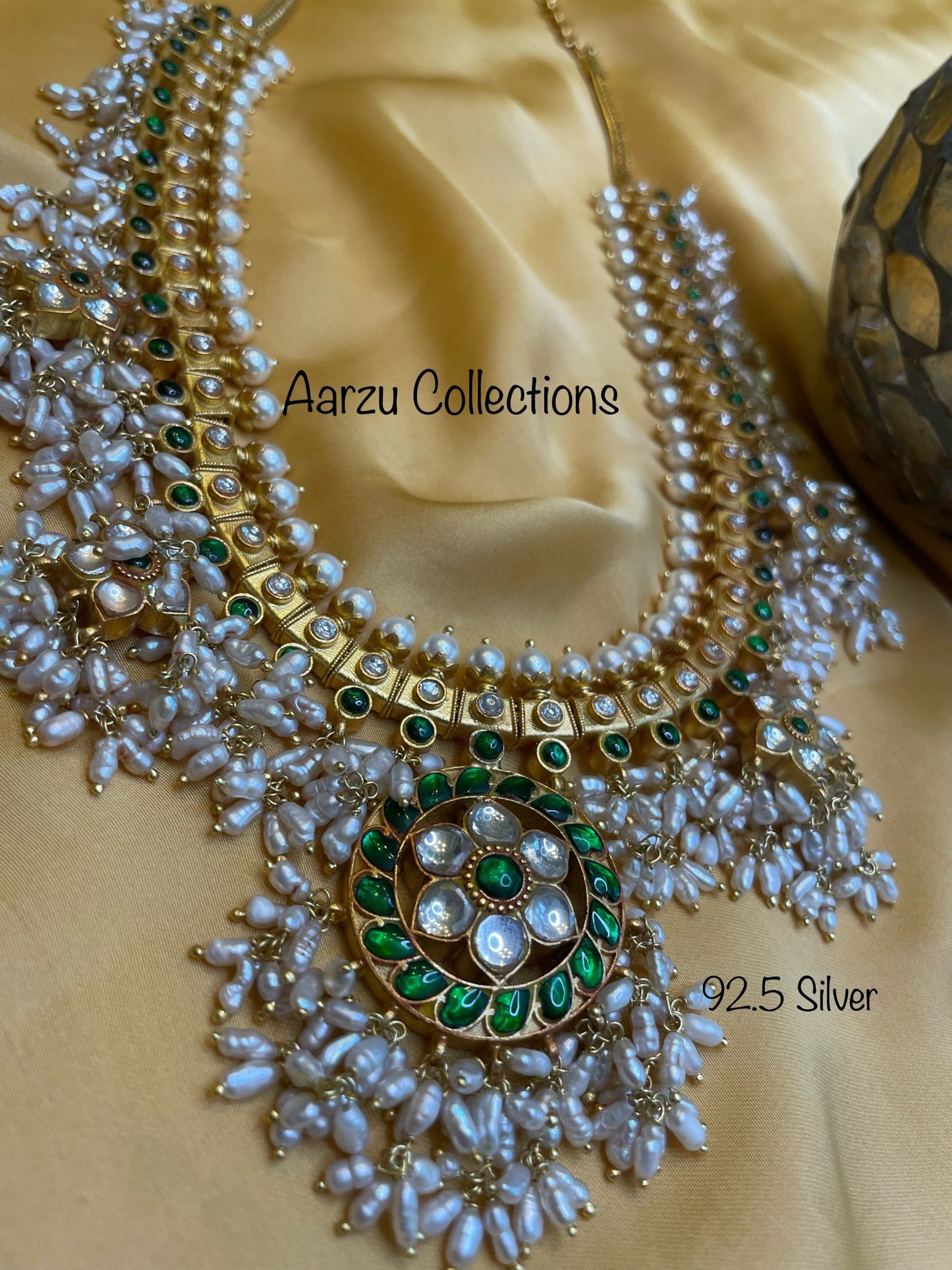 92.5 Silver base Kundan Jadau guttapusalu Mid Length Necklace - 170 gms