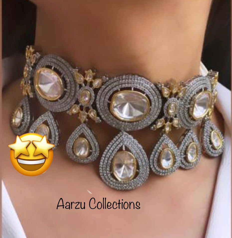 Silver Foil Kundan and American Diamond Statement Choker with Earring