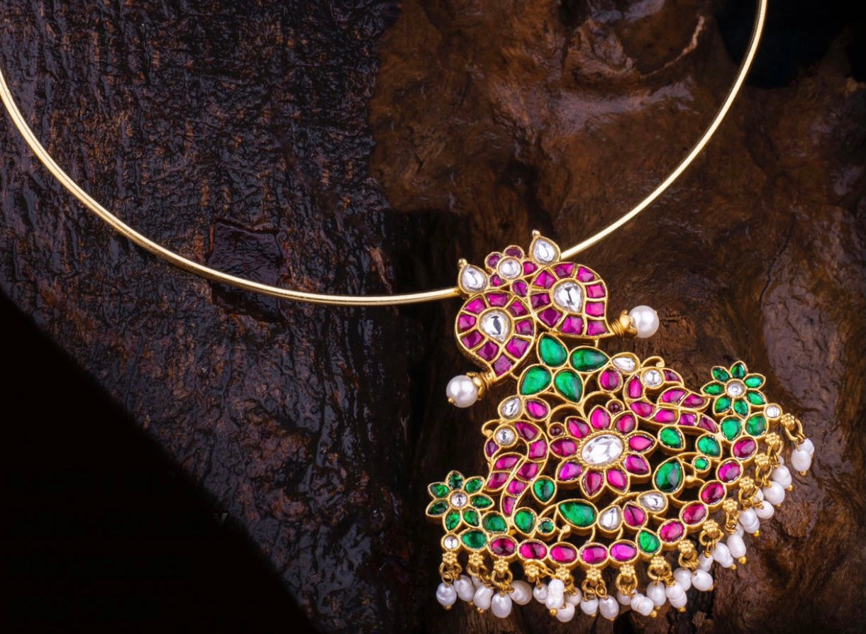 Kundan Jadau Hasli - Ruby, Green and White