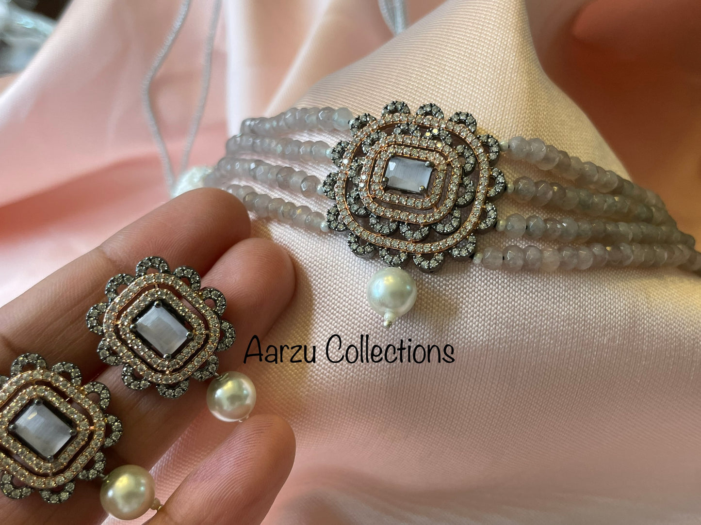 Checkered cut American Diamond Choker Set