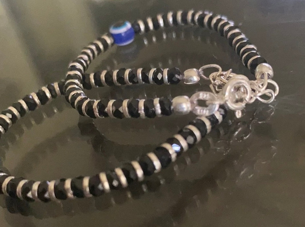 92.5 Silver Baby black bead evil eye bracelet set of two - 7 gms