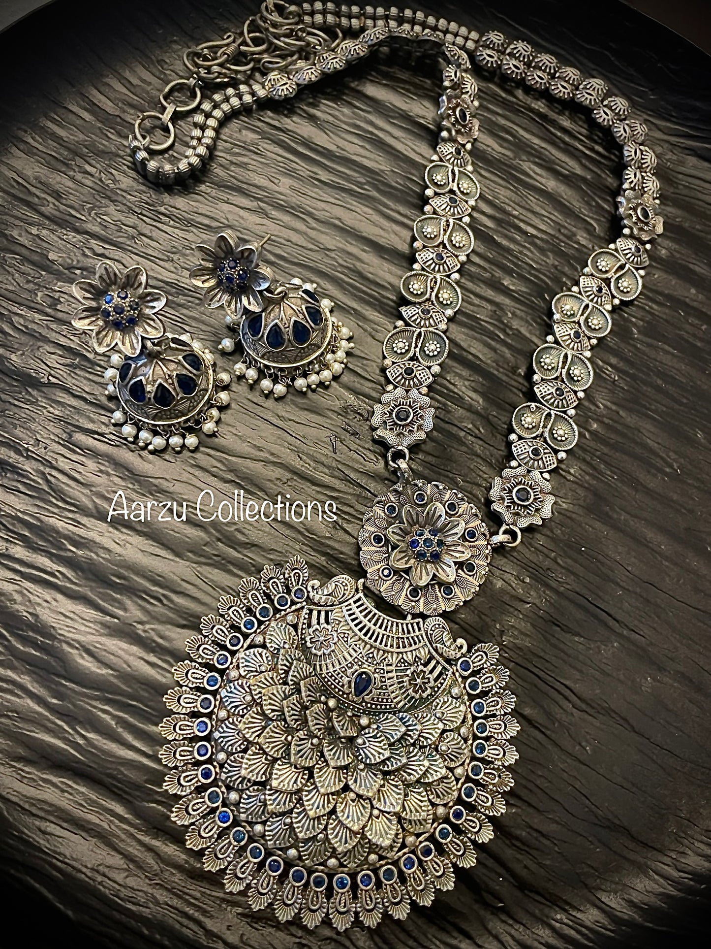 German Silver Necklace set - Navy blue