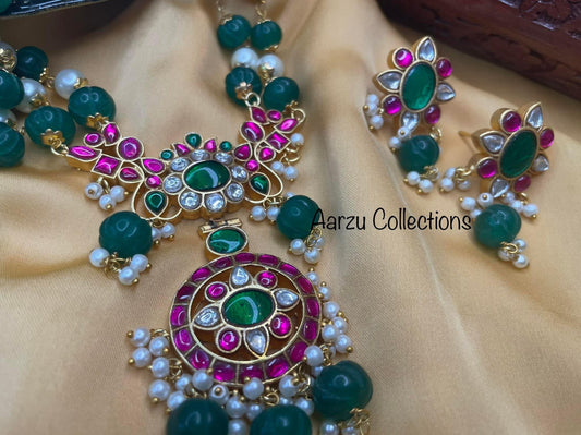 Jadau Kundan Pumpkin Bead Mala and Earrings Set