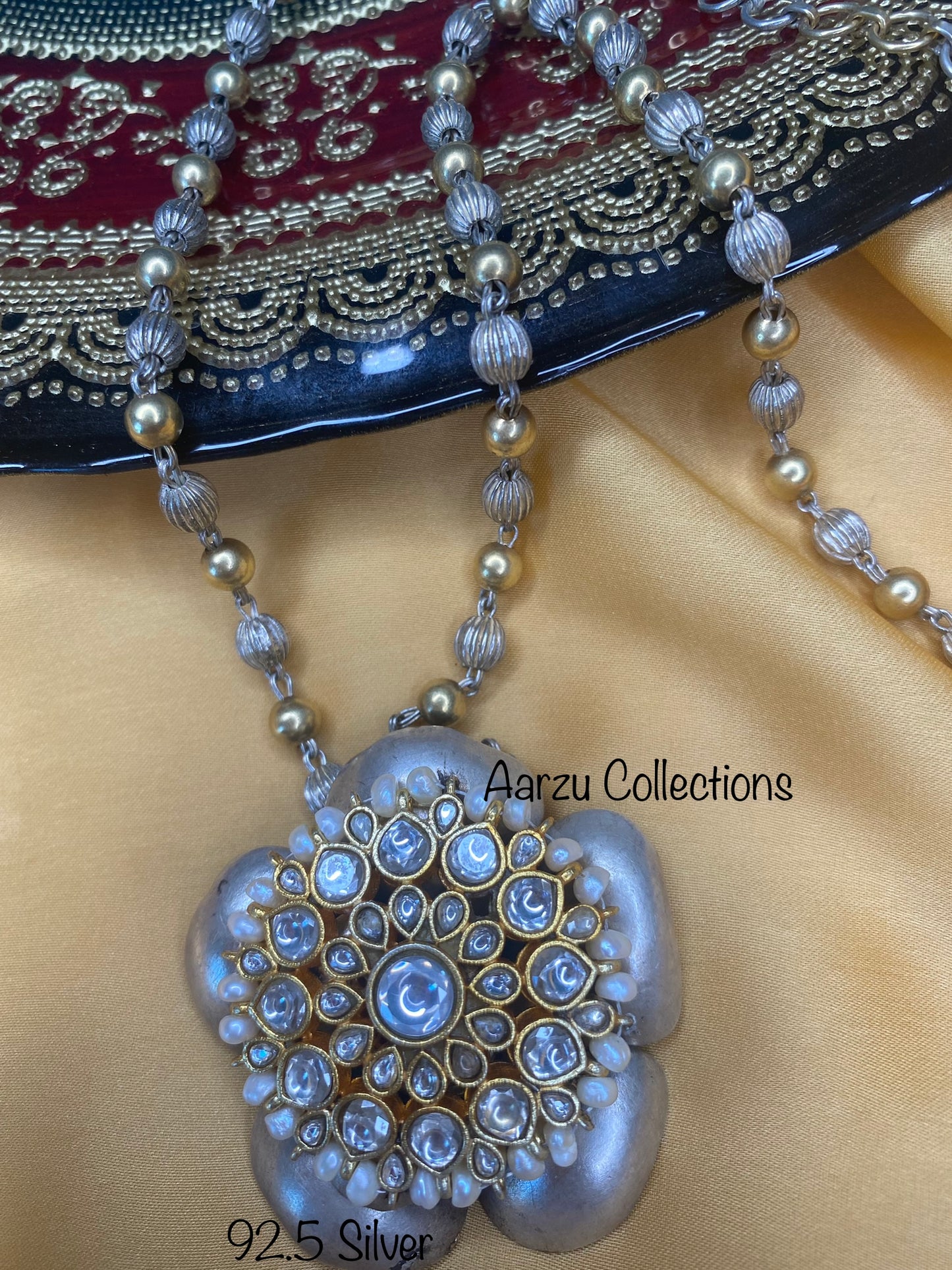 92.5 Silver dual tone pendant with dual tone matar mala - 77gms