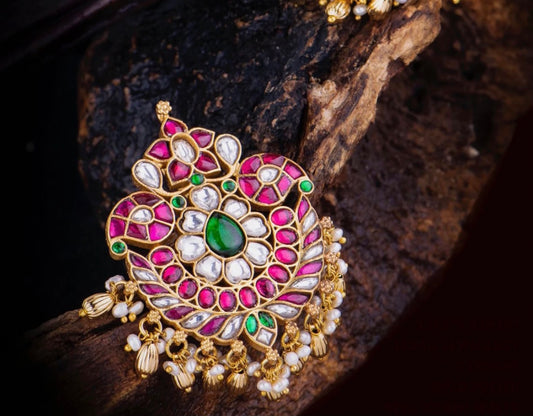 Kundan Jadau Pendant - Ruby, Green and White