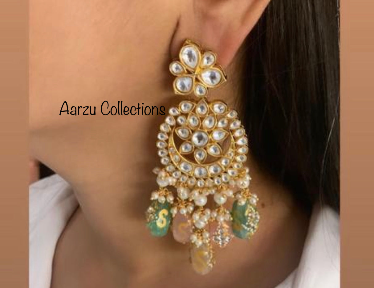 Designer inspired Kundan Necklace with hand painted quartz stones paired with statement earrings and tikka