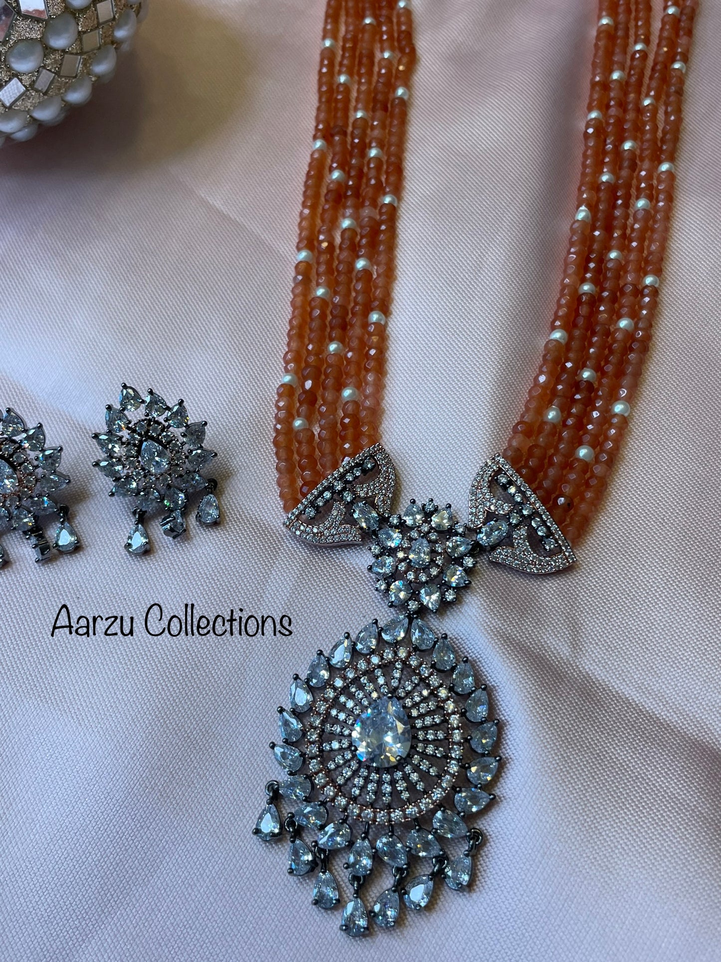 American Diamond Mid length Necklace and Earrings Set with Rosewick Finish